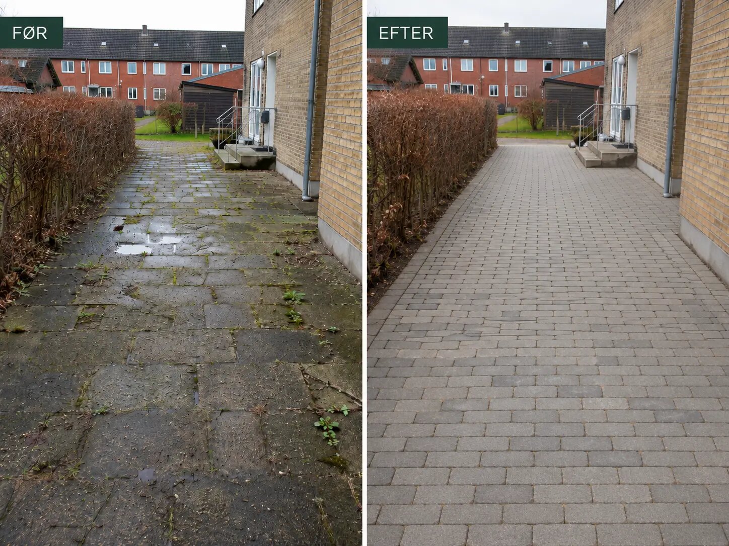 Fællesareal før og efter renholdelse ved et boligområde